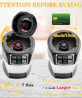Blender base with labeled 7-fin female blade and size comparison to credit card, attention before buying.