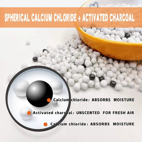 Close-up of spherical calcium chloride and activated charcoal used in 6 Pack Moisture Absorber And Odor Eliminator Hanging Bags For Closets