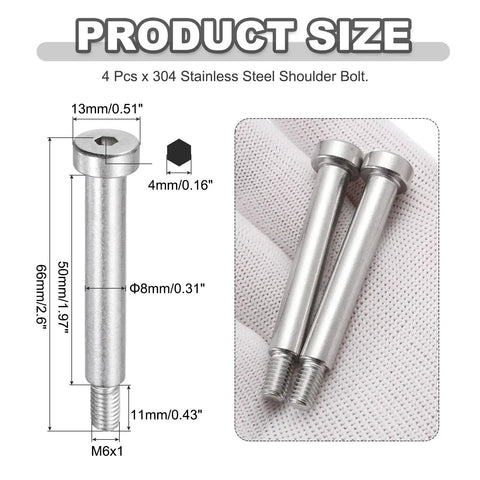 Four Pack 304 Stainless Steel Shoulder Bolts 8mm Shoulder Diameter 50mm Shoulder Length M6x1 Thread Hex Socket Tough As Nails Hardware