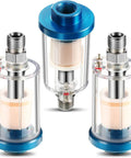 Triple Pack Compressed Air Filter And Water Oil Separator With 1/4 Inch NPT Inlet And Outlet, clear filter design, front view.
