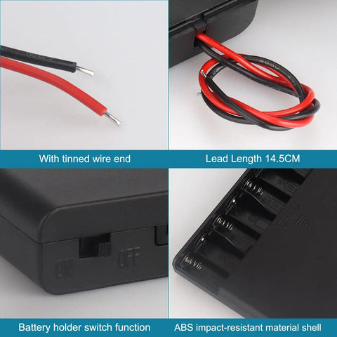 Duo Pack 8 Aa Battery Holder With 12V Dc Output And Toggle Switches Includes Lead Wires For Plug And Play Electronics showcasing lead wires and switch.