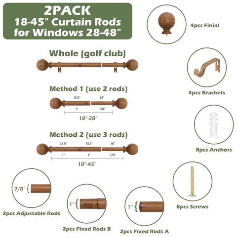 Two Pack Imitation Wood Grain Curtain Rods With Ball Finials, Adjustable 1 Inch Diameter Rails For 28 To 48 Inch Windows