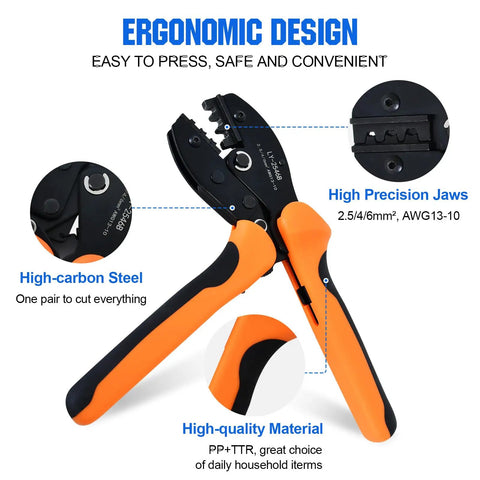High-carbon steel crimper from All-In-One Solar Crimp Tool Kit 13 Piece Set For Panel Wiring And Installation with ergonomic handle.