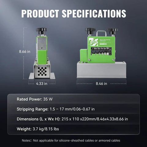 Front and side view of Automatic Electric Wire Stripping Machine For Leftover Cable Recycling With 6 Channel 5 Blade System And 35W All Copper Motor.