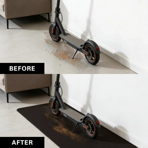 Before and after using heavy duty floor protection mat for electric scooter 51 by 16 inches absorbent and flexible non slip