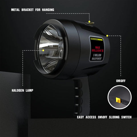 Heavy Duty Handheld Spotlight With 12V DC Charger, Halogen Bulb, Rugged ABS Body, 8ft Coiled Cord, Easy Slide On Off Switch