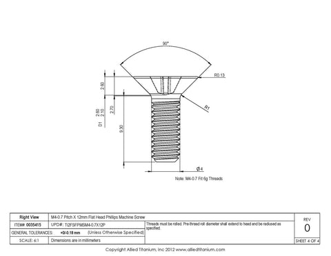 Technical drawing of True Titanium M4 0.7 Pitch 12mm Flat Head Phillips Machine Screw Pack Of 5 Grade 2 CP.