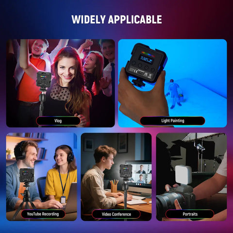 Collage showcasing Magnetic RGB Camera Light For Video And Photography in different settings like vlog, portraits, and video conference.