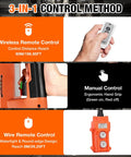3 In 1 Electric Hoist Winch control methods with wireless, manual, and wired remote options shown.