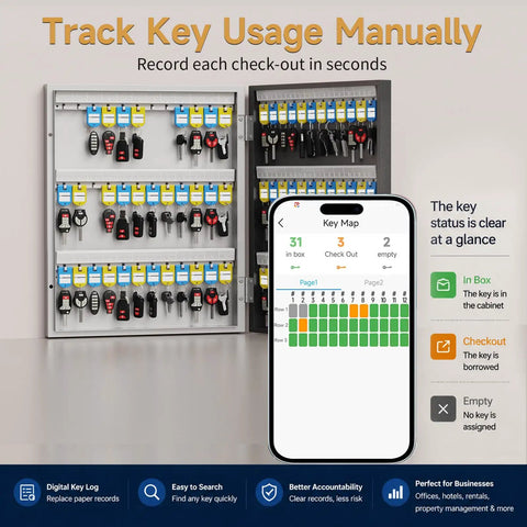 72 Key Lock Box Wall Mount Smart Key Cabinet With App Access Log Digital Keypad Bluetooth and No Wifi Unlock Sold Separately for School Office and Business Security Offline OTP Ready shown open with key storage and mobile app interface