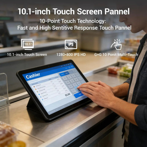 10.1 Inch Fanless Industrial Touchscreen Computer Featuring Slick RK3399 Hexa Core Processor, Android 12 Rugged Panel PC on a counter