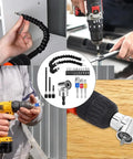 Collage showing Flexible Drill Bit Extension Set For Home DIY Bendable 105 Degree Right Angle Attachments Universal Socket Adapters in use