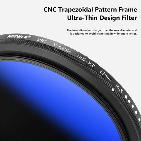 67mm Variable ND Filter ND2-ND400 1-9 Stops Dope For Cinematic Shots in ultra-thin CNC trapezoidal design with blue tone