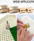 4 Pack Diamond Grinder Bits For Glass And Tile, Four Sizes One Inch, Three Quarter Inch, One Quarter Inch, One Eighth Inch, 118 Degree Split Point, Titanium Coated Brass Core, Includes 4 Allen Wrenches For DIY Stained Glass, Tile, And Stone Projects shown with demonstration of use on green and orange glass pieces.