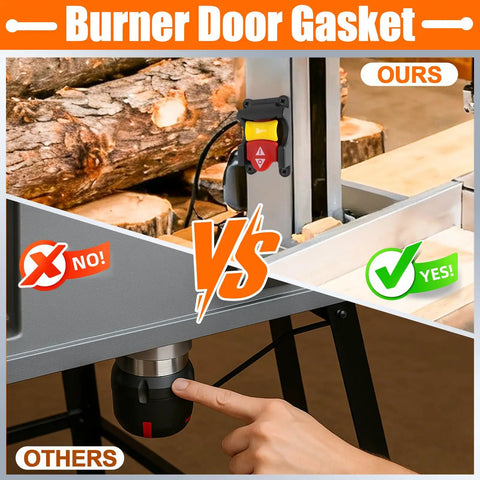 Comparison of burner door gaskets in a table saw setup featuring a paddle switch control.