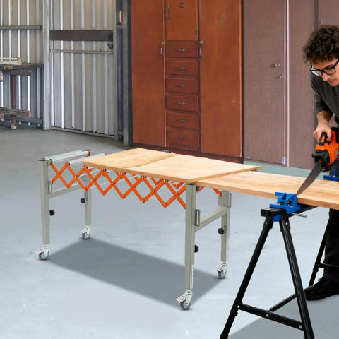 Super Flex Adjustable Telescopic Conveyor Roller Table With Integrated Scale Display And Secure Hooks For Moving Heavy Loads From 18 To 51 Inches Long And 17 Wide in use with a man sawing wood.