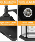 Outdoor Porch Light With Built In Outlet And GFCI, Dusk To Dawn Waterproof Hexagonal Design Wall Lantern, material details.