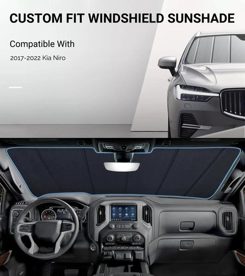 Premium Windshield Sun Shade For Kia Niro And Niro EV 2023 To 2026 Gen 2 installed in a car dashboard, blocking sunlight.