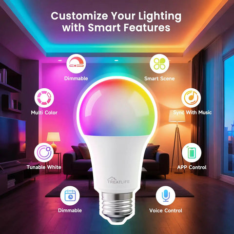 4 Pack Smart LED Bulbs Color Changing A19 E26 Dimmable 9W 800 Lumen, UL Certified, with smart features like dimmable and voice control