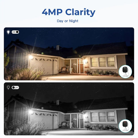 4MP Indoor Outdoor Home Security Camera System, 2 Pack, 2.4G And 5G WiFi, night and day view of a house