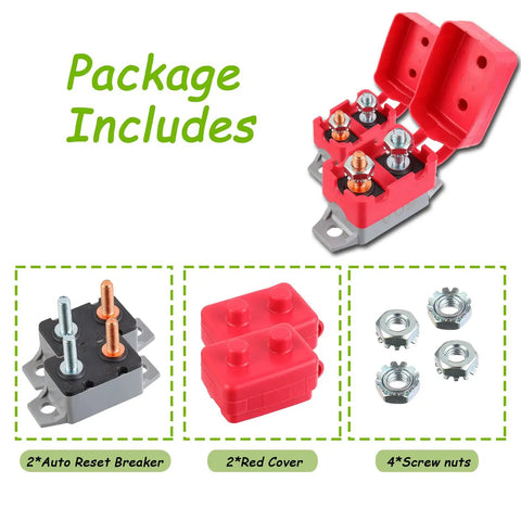 Built Tough 50A Automatic Reset Circuit Breaker Set For Cars Trucks And Battery Chargers With Secure Cover, includes 2 breakers and covers.