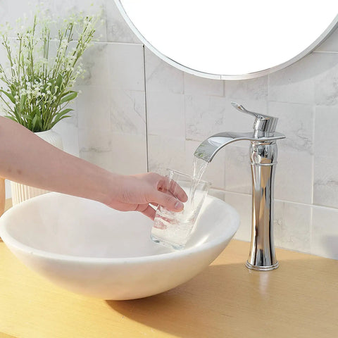 Chrome Vessel Sink Faucet Tall Waterfall Design With Pop Up Drain Single Handle Polished Finish Without Overflow 1 Hole Basin Mixer Tap