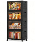 Collapsible Storage Bins With Lids And Wheels 252 Qt 63 Gal Stackable Plastic Containers With Doors Heavy Duty Foldable Organizer Bins For Home And Office Black 4 Pack, filled with groceries and books, shown from front view.
