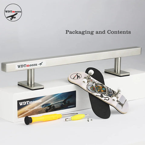 Dope Wood Fingerboard And Metal Flat Rail Set With Bearing Wheels, DIY Assembly packaging and contents displayed