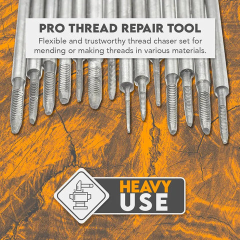 Pro thread repair tools displayed with heavy use label on a textured surface