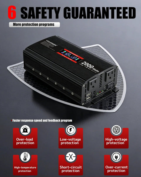 No Sweat Setup Heavy Duty Road Warrior 2000 Watt 12V DC To 110V AC Inverter with smart LCD and safety features.