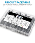 Packaging of Micro Momentary Tactile Push Button Switch Kit Dope 200 Pc Assortment, labeled with specifications and sizes.