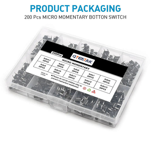 Packaging of Micro Momentary Tactile Push Button Switch Kit Dope 200 Pc Assortment, labeled with specifications and sizes.