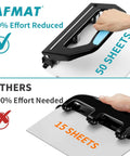 Comparing AFMAT Beefed Up Heavy Duty 3 Hole Puncher, 50 sheet capacity, 50 percent less effort to traditional punch, for binders with 9 by 32 inch holes.