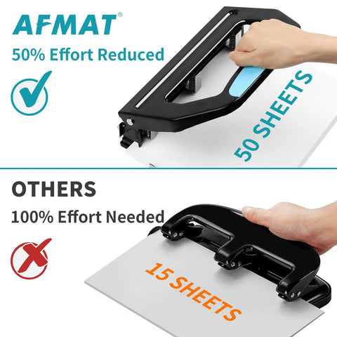 Comparing AFMAT Beefed Up Heavy Duty 3 Hole Puncher, 50 sheet capacity, 50 percent less effort to traditional punch, for binders with 9 by 32 inch holes.