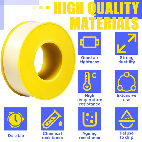 Extra Wide Three Quarter Inch Gas Tape, 390 Inch Long, Four Mil PTFE Thread Sealant For Gas Lines with benefits icons