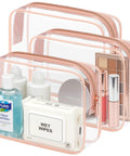 TSA Ready Travel Toiletry Bag Set, Clear Makeup Bags 3 Pack Medium with Smooth Metal Zippers, filled with travel essentials, Rose Pink