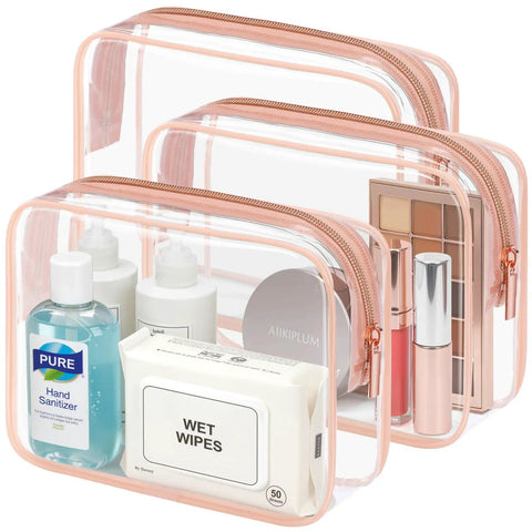TSA Ready Travel Toiletry Bag Set, Clear Makeup Bags 3 Pack Medium with Smooth Metal Zippers, filled with travel essentials, Rose Pink