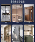 Sliding Double Track Barn Door Hardware Kit for Ceiling Mount and Pocket Door Rails, brown finish shown in various room settings