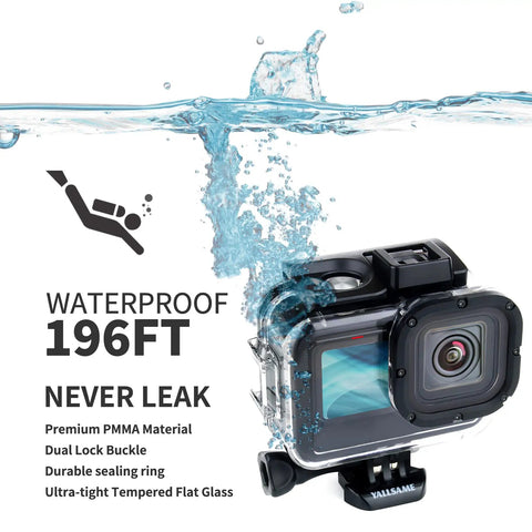 GoPro Hero 9 10 11 12 13 Waterproof Case, 196 Ft Depth Dive Housing underwater with water splash, durable sealing ring visible