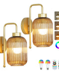 Slick Vintage Gold Wireless Wall Sconces Set Of Two Rechargeable Battery Operated Lights With Amber Stripe Glass Shades And Remote, showcasing elegant amber striped shades.