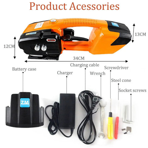 Handheld Automatic Hot Melting Strapping Tool For 13 To 16 Mm Pp Pet Straps With Rechargeable Battery accessories including charger.