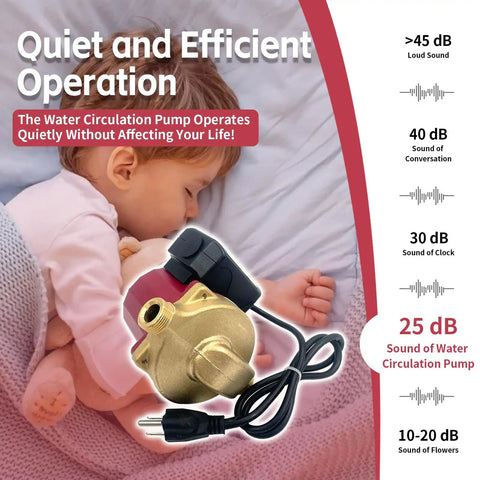 Top Tier 115V 1 25Hp Circulator Pump With One Half Inch Sweat Connections showing quiet operation beside sleeping child.