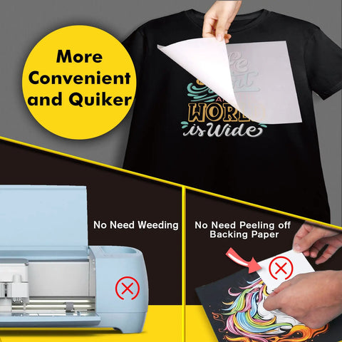 DTF Transfer Film Set With 30 A4 Sheets Double Sided Matte Direct To Film Paper showing application on T-shirt and printer use.