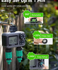 Two Zone Garden Hose Sprinkler Timer With Dual Channel Control shown with easy setup and 360-degree rotatable design.