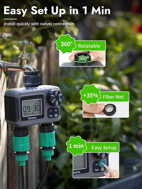 Two Zone Garden Hose Sprinkler Timer With Dual Channel Control shown with easy setup and 360-degree rotatable design.