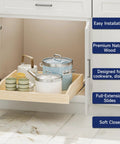 Soft Close Pull Out Cabinet Organizer 22.5 Inch Wide By 21 Inch Deep Wood Drawer Shelf For Kitchen Pantry and Base Cabinet showing cookware and dishes stored in a pull out shelf.