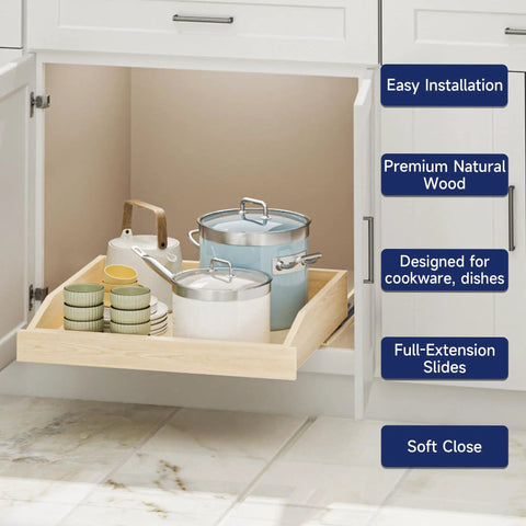 Soft Close Pull Out Cabinet Organizer 22.5 Inch Wide By 21 Inch Deep Wood Drawer Shelf For Kitchen Pantry and Base Cabinet showing cookware and dishes stored in a pull out shelf.