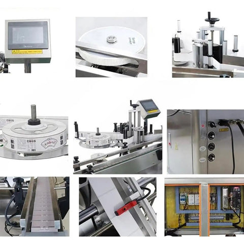 Detailed components of WZLOIUNHZ Automatic Positioning Labeler For Round Bottles Cans Jars Servo Control in a machinery collage.