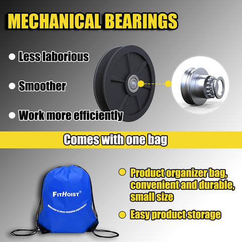 Heavy Duty Block And Tackle System With 2200 Lbs Breaking Strength Fifty Feet Of Three Eighths Inch Rope Five To One Lifting Power Pulley Hoist For Construction Warehouses Animal Husbandry And Farm Use Built Like A Boss Durable Black mechanical bearings with blue storage bag