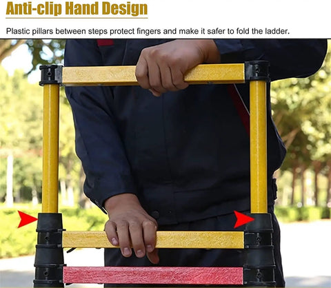 Person demonstrating the anti-clip hand design of the Top Shelf Fiberglass Telescoping Extension Ladder For Roof Access And Outdoor Chores Height Adjustable With Secure Grip.